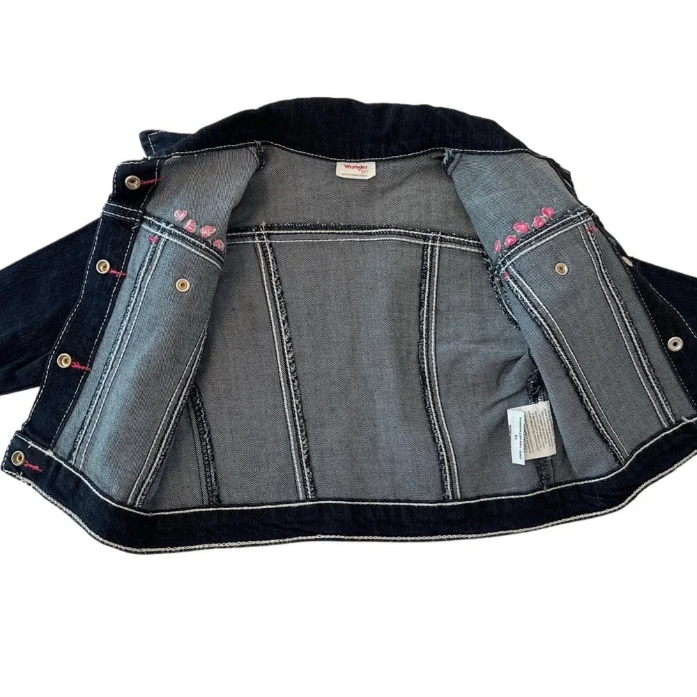 (NWT) Wrangler Kids Denim Jacket Dark Blue w/ Pink Details | Baby Girl 12 Months